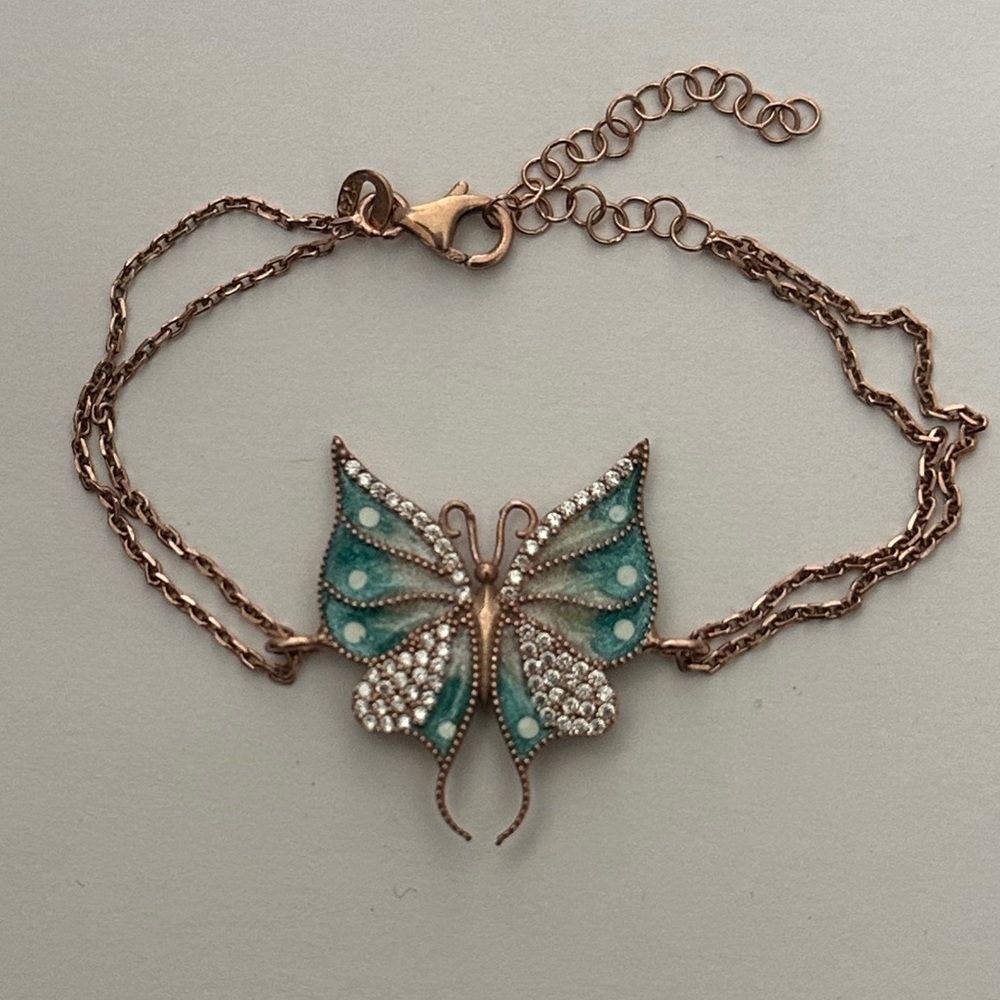 925 Silver butterfly bracelet clear cz stones 14k rose gold plated